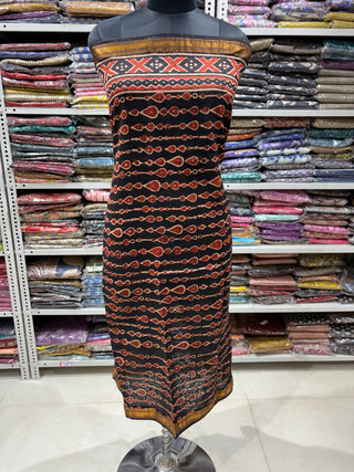 Black Ajrakh Handblock Maheshwari Suit Material with Maheshwari Dupatta(Lining Included)