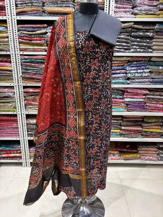 Black Ajrakh Handblock Maheshwari Suit Material with Maheshwari Dupatta(Lining Included)