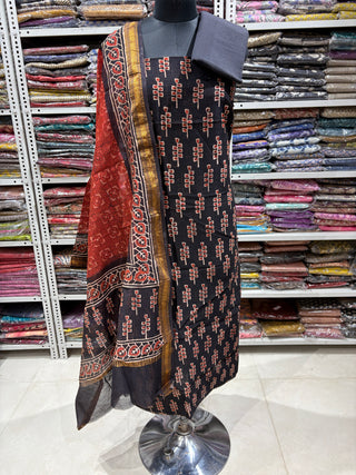 Black Ajrakh Handblock Maheshwari Suit Material with Maheshwari Dupatta(Lining Included)