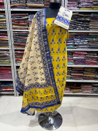 Handblock Maheshwari Suit Material with Maheshwari Dupatta(Lining Included)