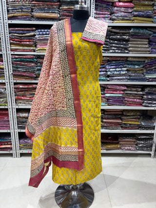 Handblock Maheshwari Suit Material with Maheshwari Dupatta(Lining Included)