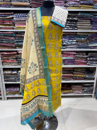 Handblock Maheshwari Suit Material with Maheshwari Dupatta(Lining Included)
