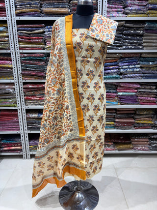 Handblock Maheshwari Suit Material with Maheshwari Dupatta(Lining Included)