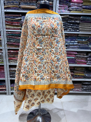 Handblock Maheshwari Suit Material with Maheshwari Dupatta(Lining Included)