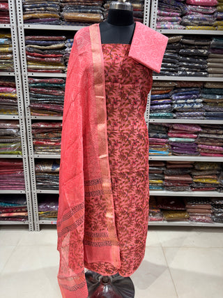 Handblock Maheshwari Suit Material with Maheshwari Dupatta(Lining Included)