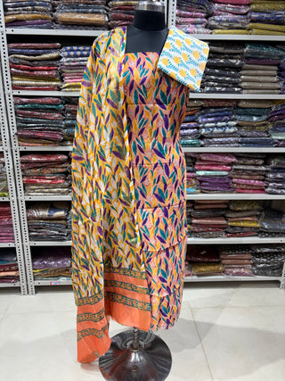 Handblock Maheshwari Suit Material with Maheshwari Dupatta(Lining Included)