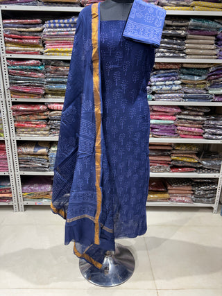 Handblock Maheshwari Suit Material with Maheshwari Dupatta(Lining Included)