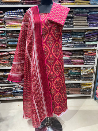 Cotton Handblock Office Wear Suit fabric with Kota Doria Dupatta (#2439)