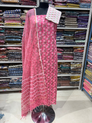 Cotton Handblock Office Wear Suit fabric with Kota Doria Dupatta