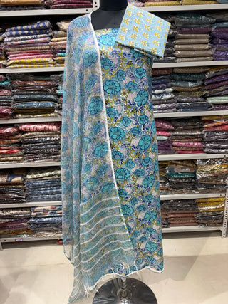 Cotton Handblock Office Wear Suit fabric with Kota Doria Dupatta (Suit Fabric #2440)