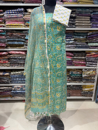 Cotton Handblock Office Wear Suit fabric with Kota Doria Dupatta (Suit Fabric #2335)