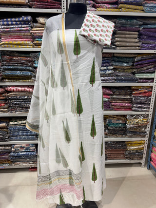 Cotton Handblock Office Wear Suit fabric with Kota Doria Dupatta(Suit Fabric #2346)