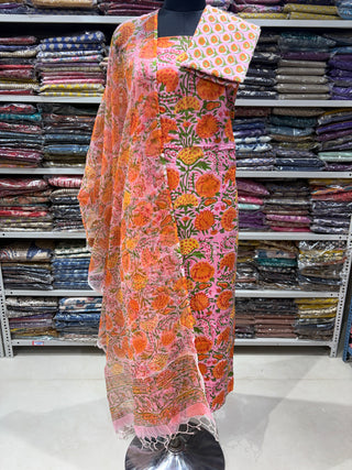 Handblock Cotton Office Wear Suit fabric with Kota Doria Dupatta  (Suit Fabric #2333)