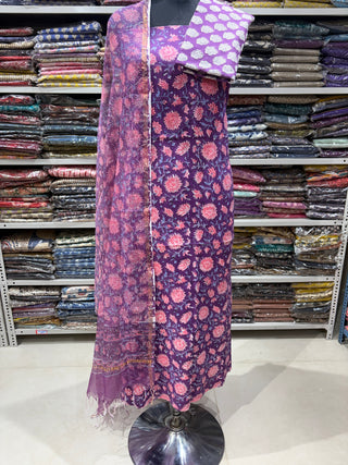 Handblock Cotton Office Wear Suit fabric with Kota Doria Dupatta (Suit Fabric #2350)