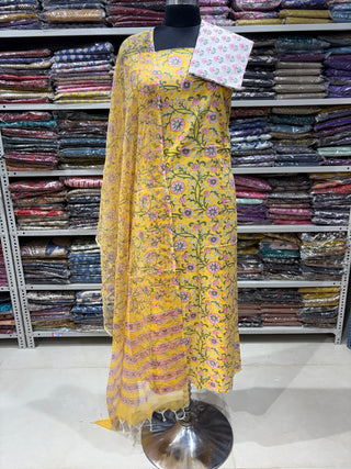 Handblock Cotton Office Wear Suit fabric with Kota Doria Dupatta  (Suit Fabric #2345)