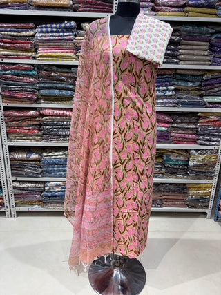 Handblock Cotton Office Wear Suit fabric with Kota Doria Dupatta  (Suit Fabric #2449)