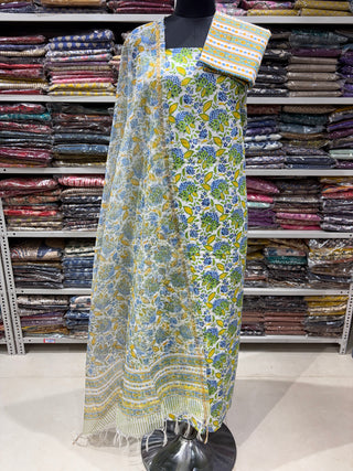 Handblock Cotton Office Wear Suit fabric with Kota Doria Dupatta  (Suit Fabric #2450)