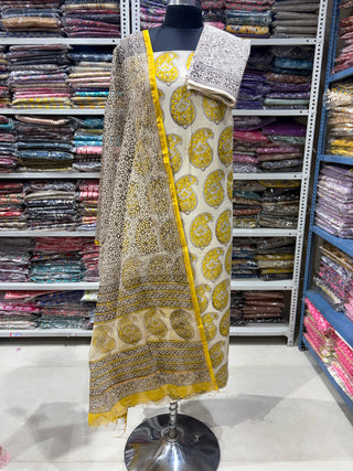 Cotton Handblock Office Wear Suit fabric with Kota Doria Dupatta