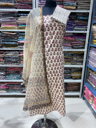 Off-White Cotton Handblock Office Wear Suit fabric with Kota Doria Dupatta
