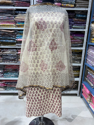 Off-White Cotton Handblock Office Wear Suit fabric with Kota Doria Dupatta