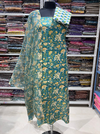Cotton Handblock Office Wear Suit fabric with Kota Doria Dupatta (Suit Fabric #2339)