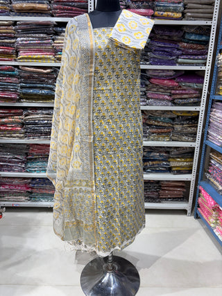 Cotton Handblock Office Wear Suit fabric with Kota doria Dupatta