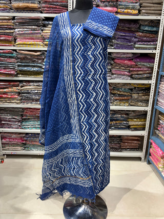Cotton Dabu Indigo Handblock Office Wear Suit fabric with Kota doria Dupatta