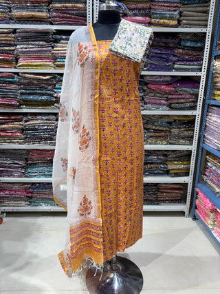 Cotton Handblock Office Wear Suit fabric with Kota Doria Dupatta