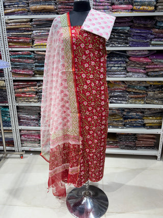 Cotton Handblock Office Wear Suit fabric with Kota Doria Dupatta