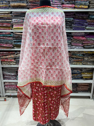 Cotton Handblock Office Wear Suit fabric with Kota Doria Dupatta