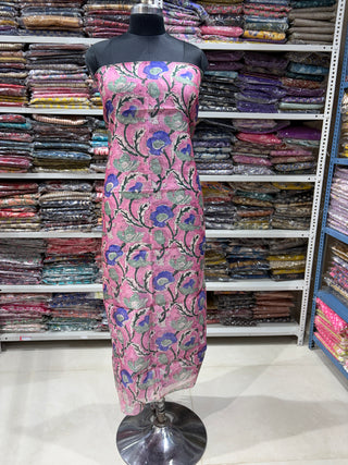 Pink Handblock Chanderi Suit Material with Chanderi Dupatta(Lining Included)