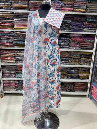 Cotton Handblock Office Wear Suit fabric with Kota Doria Dupatta