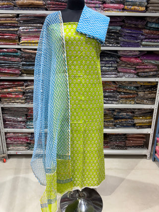 Cotton Handblock Office Wear Suit fabric with Kota Doria Dupatta