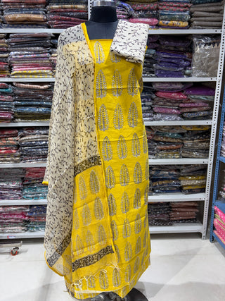 Cotton Ajrakh Handblock Office Wear Suit fabric with Kota doria Dupatta