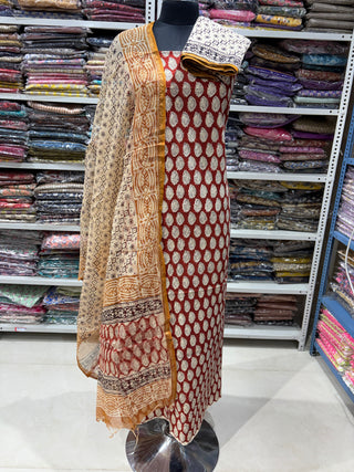 Cotton Handblock Office Wear Suit fabric with Kota Doria Dupatta