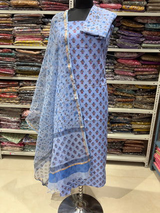 Cotton Handblock Office Wear Suit fabric with Kota Doria Dupatta