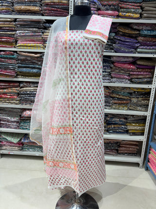 Cotton Handblock Office Wear Suit fabric with Kota Doria Dupatta