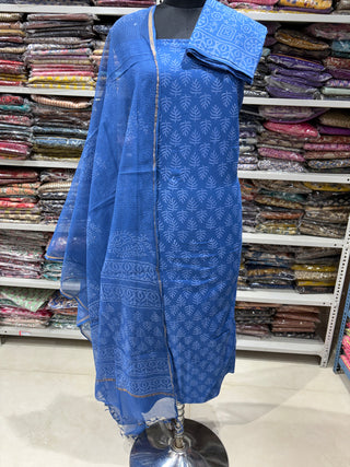 Cotton Handblock Office Wear Suit fabric with Kota Doria Dupatta