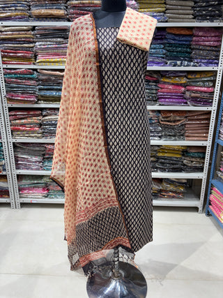 Black color Handblock Office Wear Suit fabric with Kota doria Dupatta