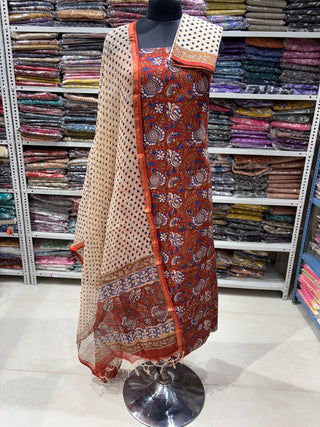 Red Kalamkari Handblock Office Wear Cotton Suit fabric with Kota doria Dupatta