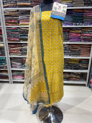 Yellow Cotton Handblock Office Wear Suit fabric with Kota Doria Dupatta