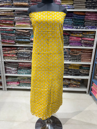 Yellow Cotton Handblock Office Wear Suit fabric with Kota Doria Dupatta