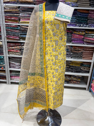 Cotton Handblock Office Wear Suit fabric with Kota Doria Dupatta