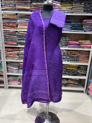 Handblock Chanderi Suit Material with Chanderi Dupatta(Lining Included)