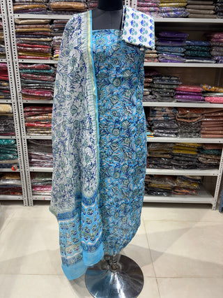 Handblock Chanderi Suit Material with Chanderi Dupatta(Lining Included)