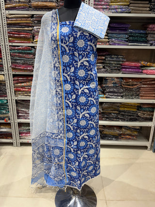 Blue Cotton Kalamkari Handblock Office Wear Suit fabric with Kota doria Dupatta