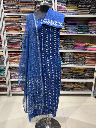 Cotton Dabu Indigo Handblock Office Wear Suit fabric with Kota doria Dupatta