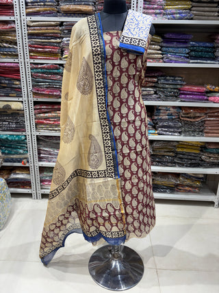 Handblock Chanderi Suit Material with Chanderi Dupatta(Lining Included)