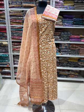 Cotton Handblock Office Wear Suit fabric with Kota Doria Dupatta