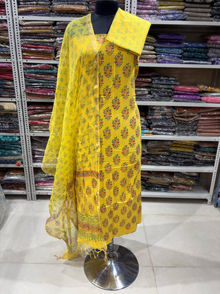 Cotton Handblock Office Wear Suit fabric with Kota Doria Dupatta